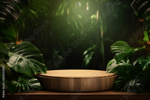 Wooden round podium product display in tropical lush forest background with palm leaves and shadows