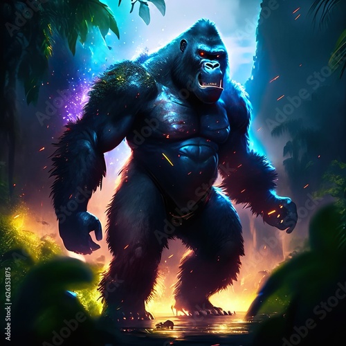 Gorilla in the dark forest. 3D illustration. Fantasy. AI Generated © artsakon