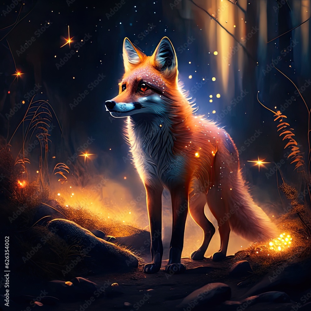 Fantasy illustration of a fox in a dark forest. Digital painting. AI Generated