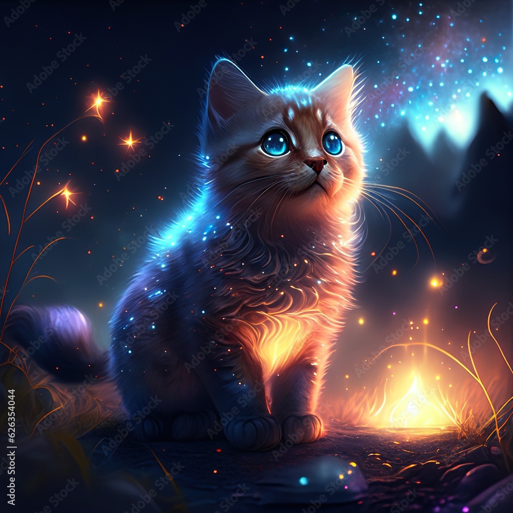 Cute cat sitting in front of campfire at night. Vector illustration. AI generated