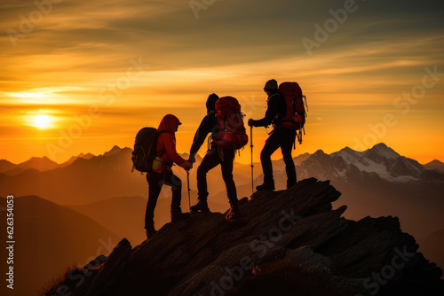 Three Hikers Supporting Each Other on the Climb