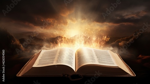 Foto Open Christian book ,open bible with glowing lights, Generative AI