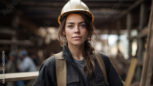 Female construction worker wearing a helmet in the background of a construction site.