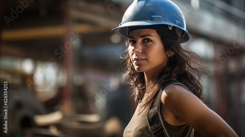 Female construction worker wearing a helmet in the background of a construction site.