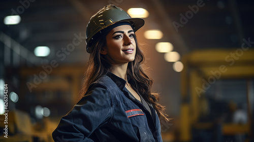 Female construction worker wearing a helmet in the background of a construction site.