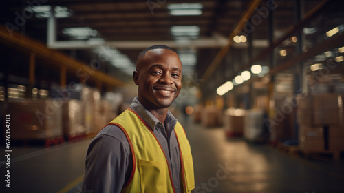 Warehouse worker in a special uniform against the background of racks with parcels.