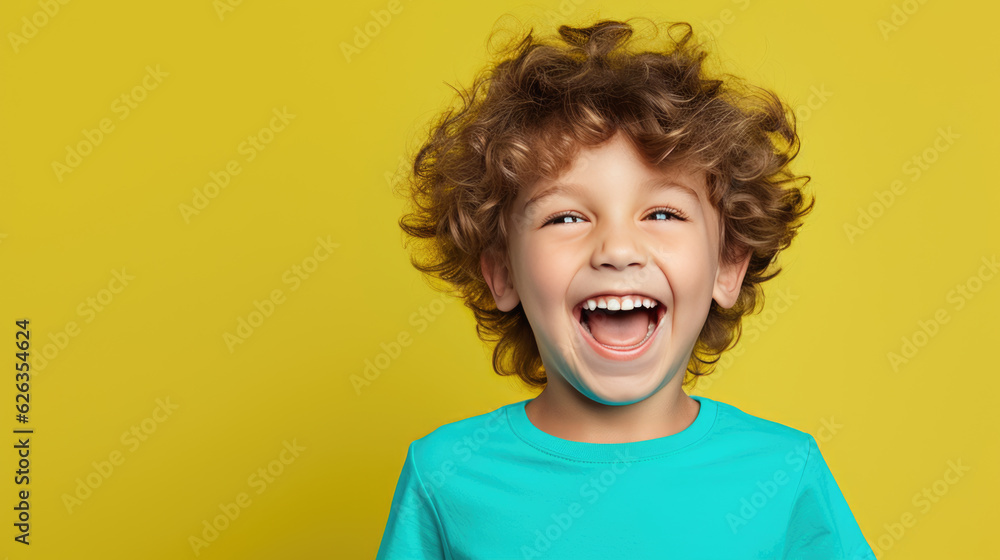 Boy in a t-shirt laughing on a yellow background. Boy in a t-shirt laughing on a yellow background.