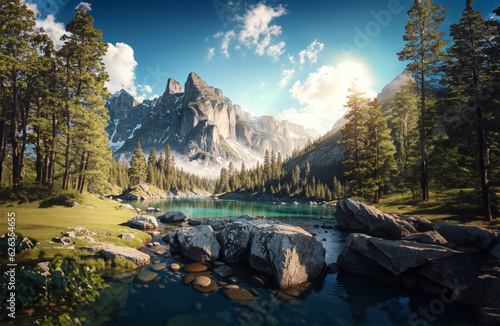 Beautiful natural landscape with green mountains, blue sky, trees, sunlight, water, and flowers in the morning 