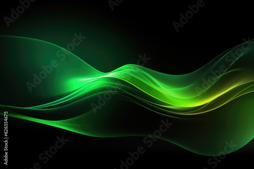 Green neon fluid, glowing futuristic abstract background, swirl, line, boxes, data transfer or equalizer, wallpaper, generative ai