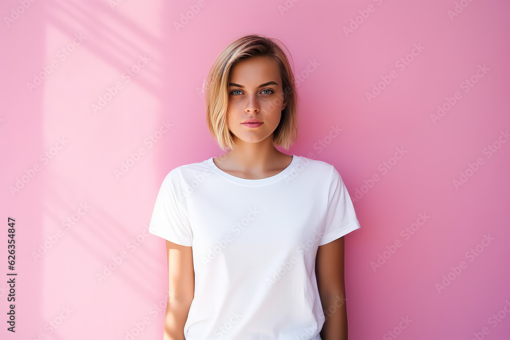 Cute young woman blonde hair with bob haircut isolated on flat pink background with copy space. Cute girl in white simple t-shirt.  - obrazy, fototapety, plakaty 