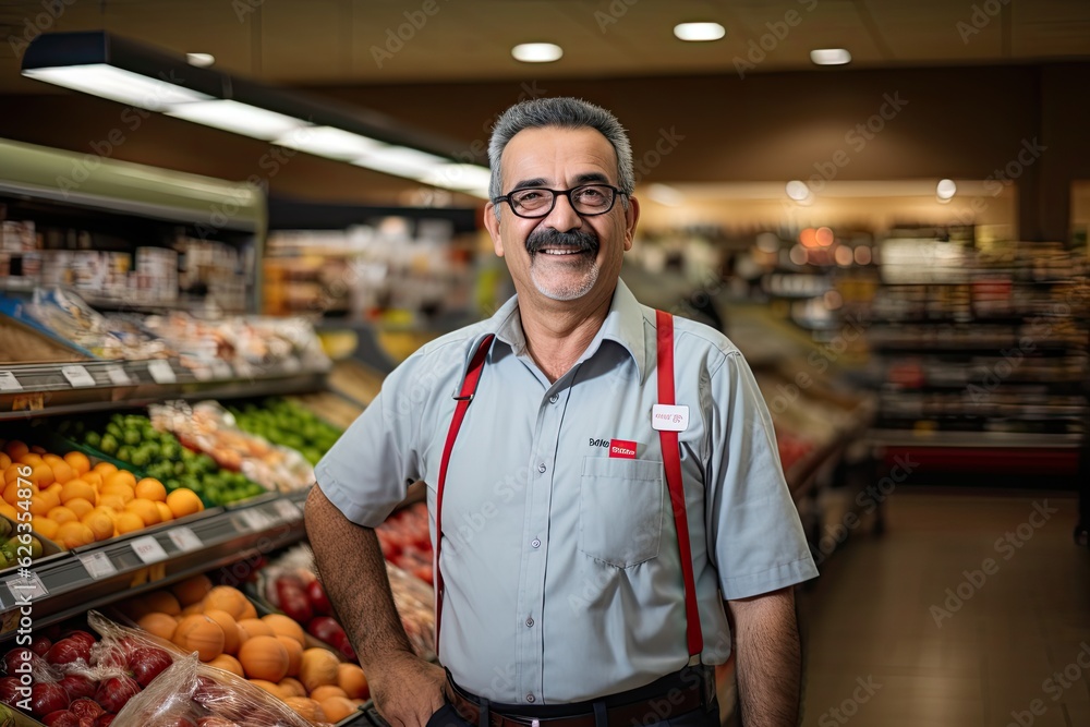 A friendly shop owner in his own grocery store, business portrait, AI generated