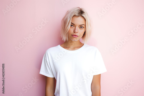 Print op canvas Cute young woman blonde hair with bob haircut isolated on flat pink background with copy space