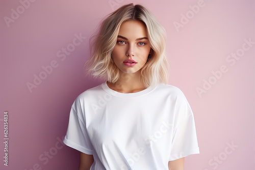 Cute young woman blonde hair with bob haircut isolated on flat pink background with copy space. Cute girl in white simple t-shirt. 