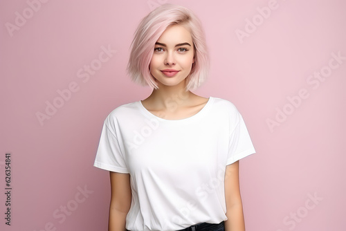Stampa su tela Cute young woman blonde hair with bob haircut isolated on flat pink background with copy space
