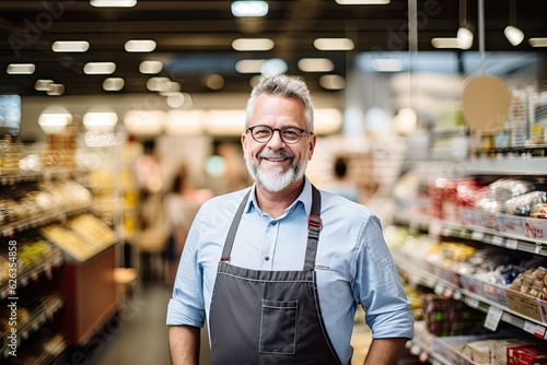 Senior employee in a grocery store, male business portrait, ai generated