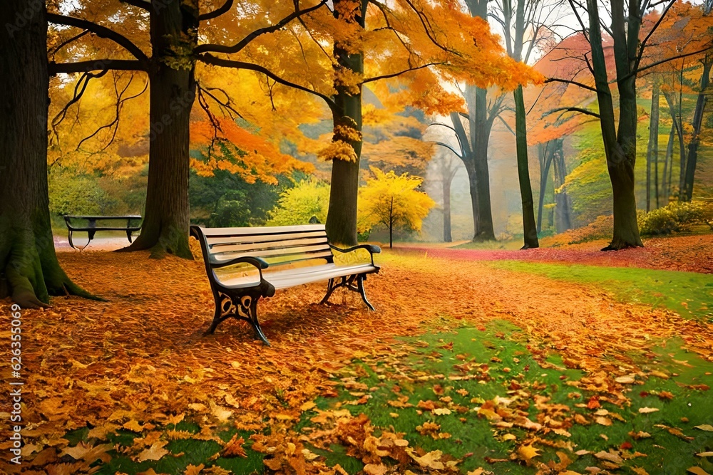An enchanting autumn park bench surrounded by a kaleidoscope of colorful leaves