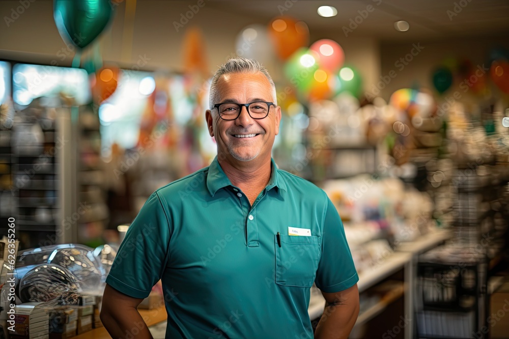 Fototapeta premium Portrait of a friendly gift shop owner, AI generated