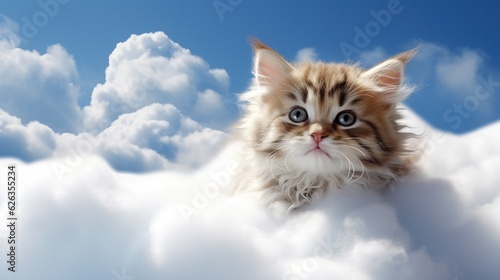 Adorable Fluffy Kitten in the Clouds - Generative ai © Nld