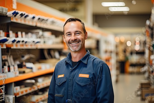 Smiling employee in a home improvement store, business portrait, AI generated