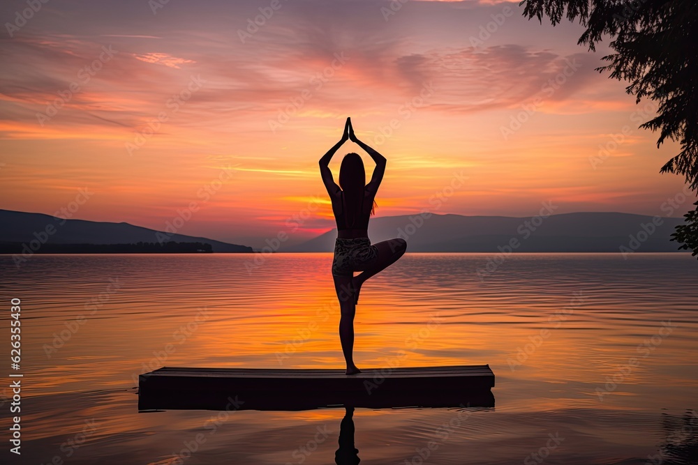 Woman doing yoga tree pose at the sea while sunset, generative AI