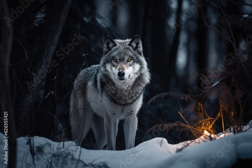 Lone wolf under the full moon in the night forest. ????, generative IA