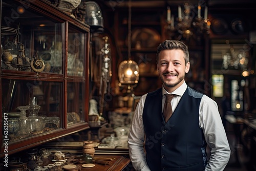 Young male owner of an antique shop, business portrait, ai generated