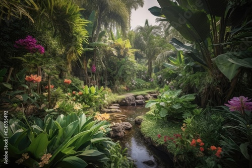 Lush tropical garden with majestic tree  stream  flowers and birds.  generative IA
