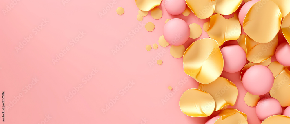  Colorful confetti background. Banner with spheres, particles, decorative element.Confetti party. Top view. Flat lay. Place for text. Holidays celebration cover. Generative ai