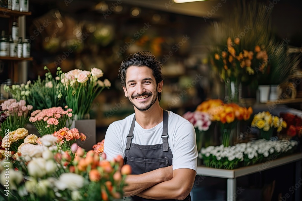 Smiling male employee in a flower shop, ai generated