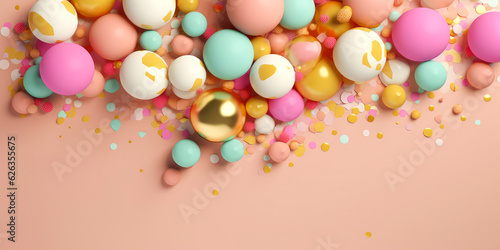 Colorful confetti background. Banner with spheres  particles  decorative element.Confetti party. Top view. Flat lay. Place for text. Holidays celebration cover. Generative ai