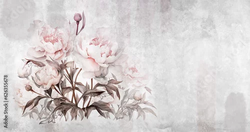 Fototapeta Peonies. Beautiful macro flower illustration  on concrete grunge wall. Floral background for wallpaper, photo wallpaper, mural, card, postcard, painting. Design in the loft, classic, modern style.