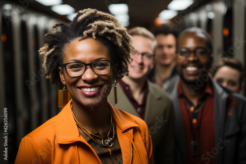 Happy multiethnic smiling people working together. AI Generative