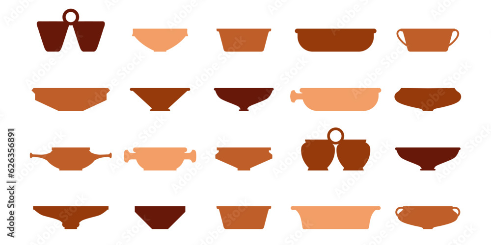 Ancient plates set. Side view. Silhouette collection of icons with dishes. Vector pottery icons for design. Fireclay ceramic plate set in boho style. Clay products in traditional style Ancient plates set. Side view. Silhouette collection of icons with dishes. Vector pottery icons for design. Fireclay ceramic plate set in boho style. Clay products in traditional style