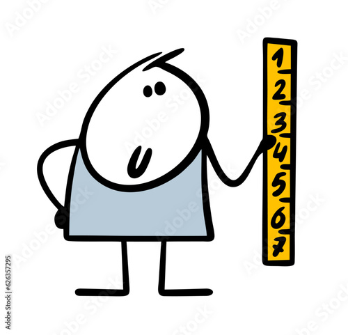 Man holds a large ruler and measures in a geometry lesson. Vector illustration of student in class or a teacher at work with drawing tool.