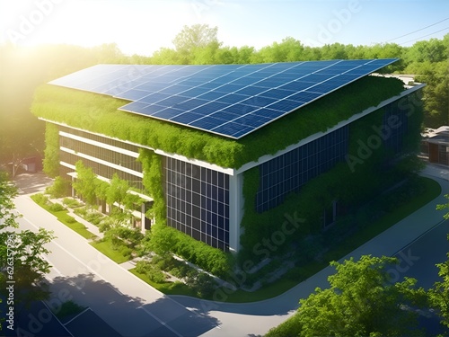 A futuristic eco-friendly greenhouse with solar panels in top of the building made with generative AI