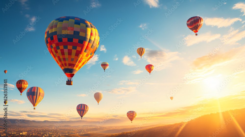 Obraz premium Hot-Air Balloons flying on a sunny summer day with beautiful sky.Generative AI