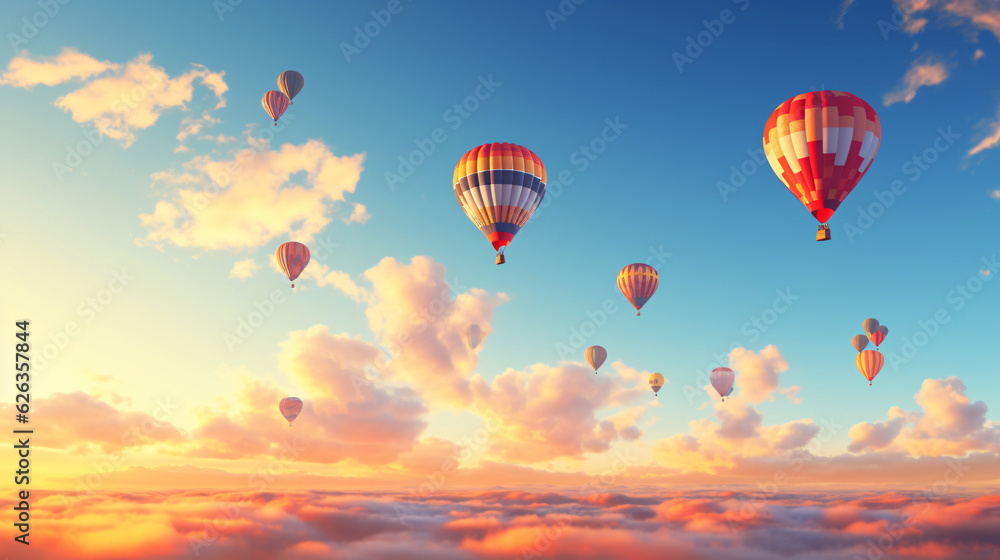 Obraz premium Hot-Air Balloons flying on a sunny summer day with beautiful sky.Generative AI