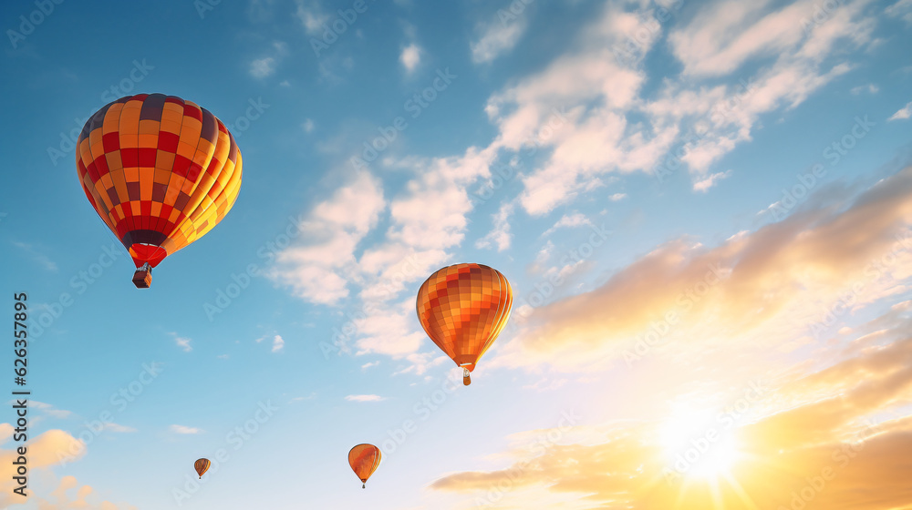 Fototapeta premium Hot-Air Balloons flying on a sunny summer day with beautiful sky.Generative AI
