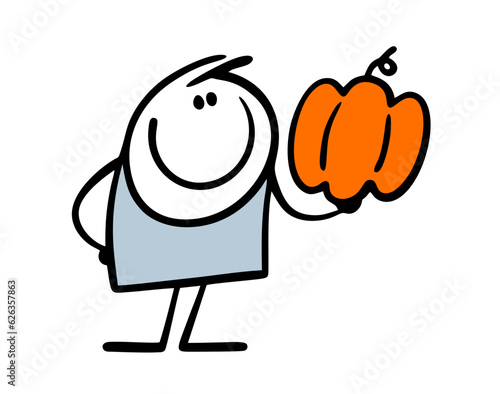 Satisfied farmer holds a ripe pumpkin from the garden in his hand. Vector illustration of a stickman and an autumn harvest for Halloween or Thanksgiving.
