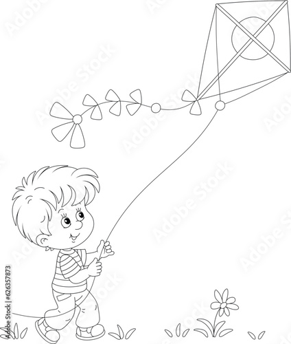 Happy little boy playing with a flying toy kite in a summer park on vacation, black and white outline vector cartoon for a coloring book