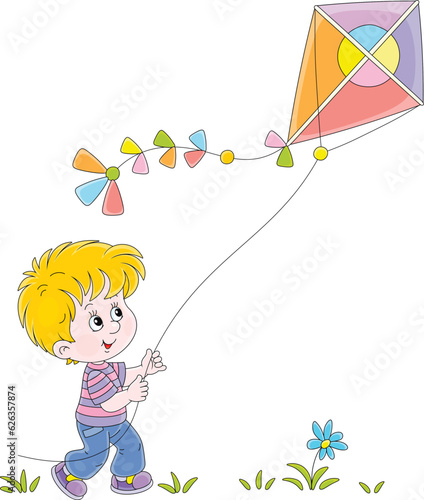 Happy little boy playing with a flying colorful toy kite in a summer park on vacation, vector cartoon illustration isolated on white
