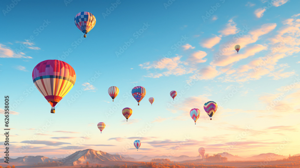 Obraz premium Hot-Air Balloons flying on a sunny summer day with beautiful sky.Generative AI