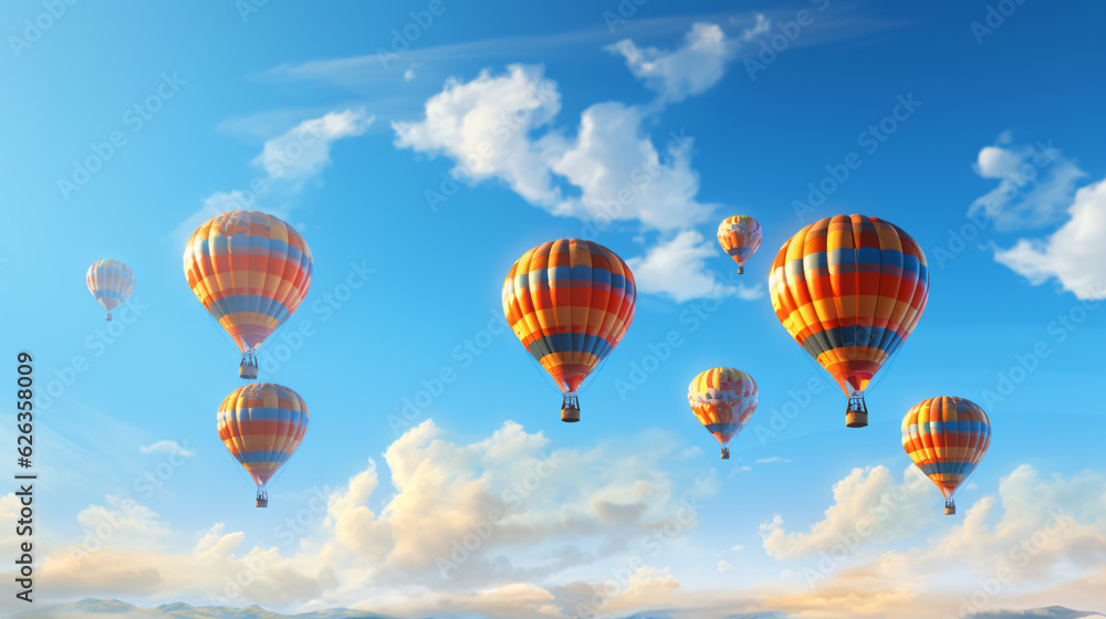 Fototapeta premium Hot-Air Balloons flying on a sunny summer day with beautiful sky.Generative AI