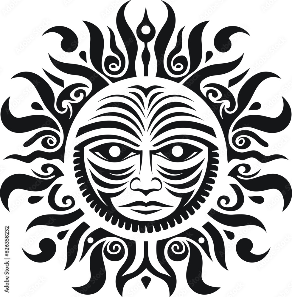 Sun with face maori style african aztecs or mayan ethnic mask vector illustration isolated on white background