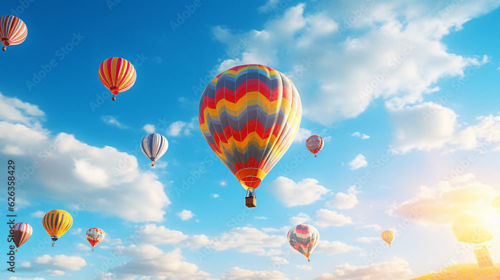 Naklejka premium Hot-Air Balloons flying on a sunny summer day with beautiful sky.Generative AI
