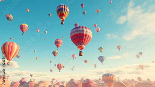 Hot-Air Balloons flying on a sunny summer day with beautiful sky.Generative AI