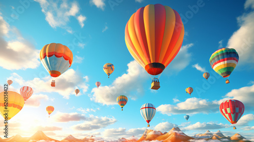 Hot-Air Balloons flying on a sunny summer day with beautiful sky.   Generative AI