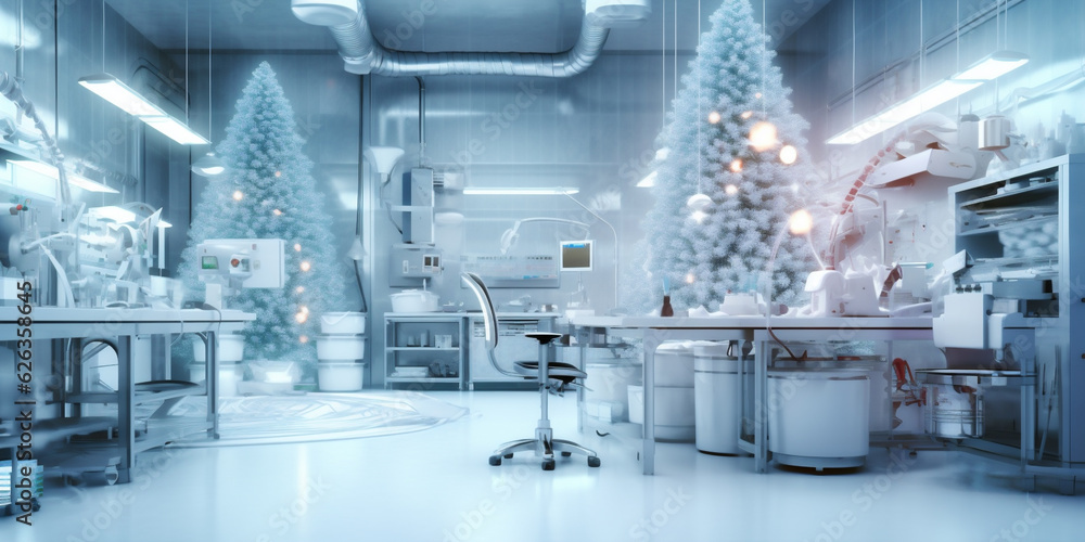 Hospital office Christmas decoration. Gift box and red light inside the office building or hospital. Christmas and Happy New year concept. AI Generative Hospital office Christmas decoration. Gift box and red light inside the office building or hospital. Christmas and Happy New year concept. AI Generative
