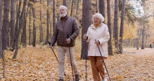 active ambitious retired old people go in for sport in park, use Nordic walking poles, grandparents are talking chatting, conversation slow motion, senior man and woman stroll in the forest