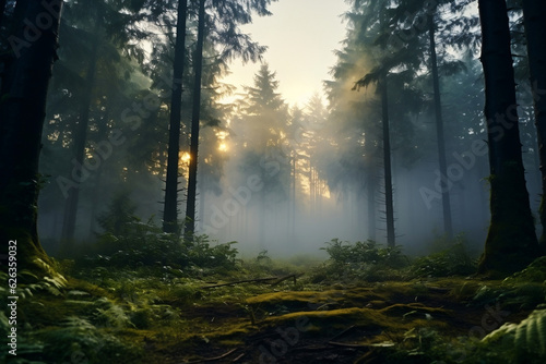 A tranquil forest scene at sunrise, with mist gently caressing the treetops as birdsong fills the air with melodic harmony.